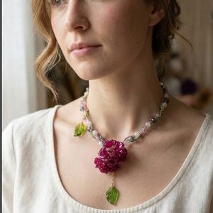 Handcrafted Pink Floral Statement Necklace with Green Leaf Accents